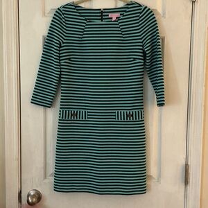 Lilly Pulitzer Tropez Blue Ottoman Stripe Cotton Blend CHARLENE Dress EUC S